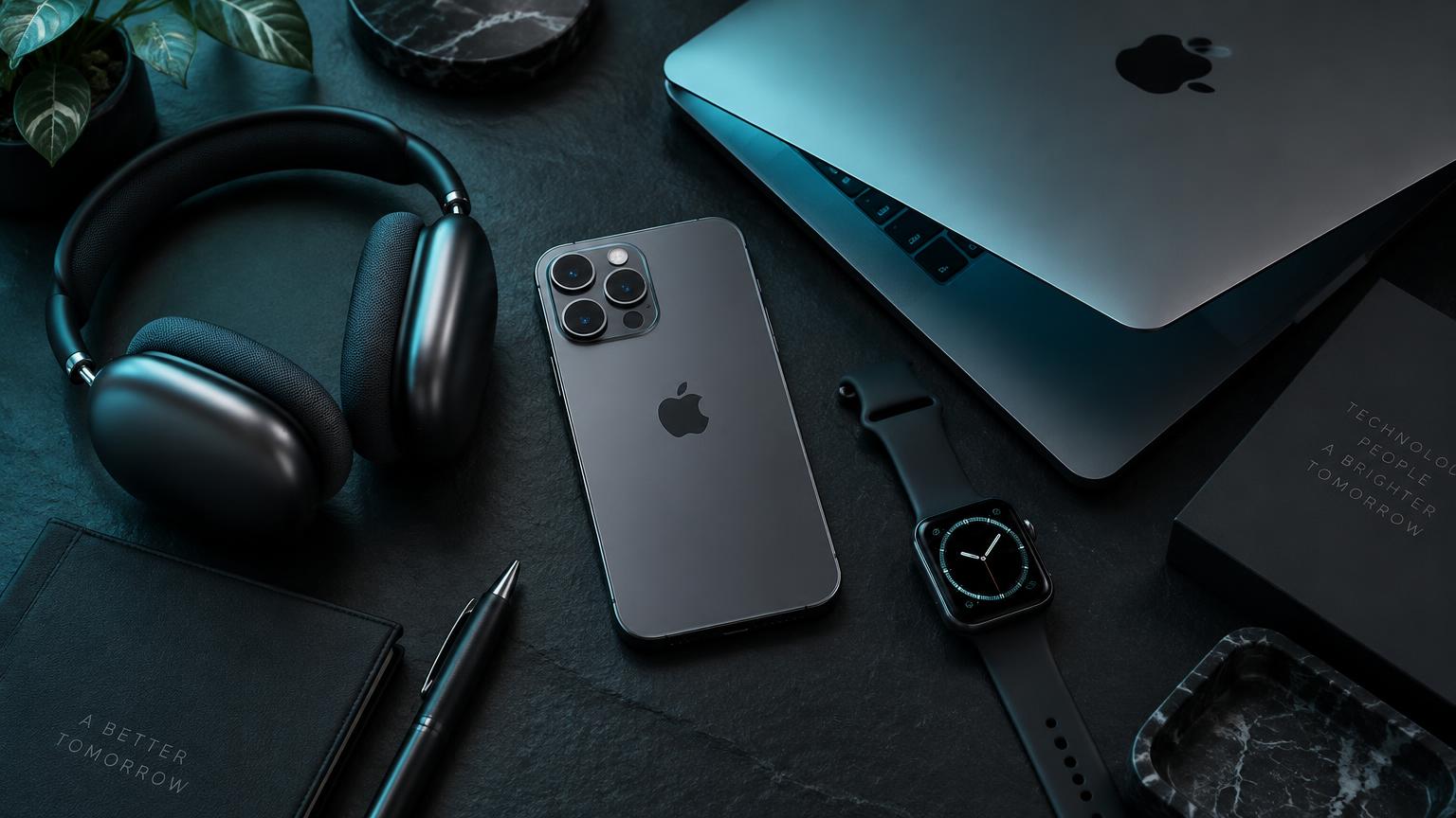 Multimédia et téléphonie premium : smartphone, ordinateur portable, casque et montre connectée